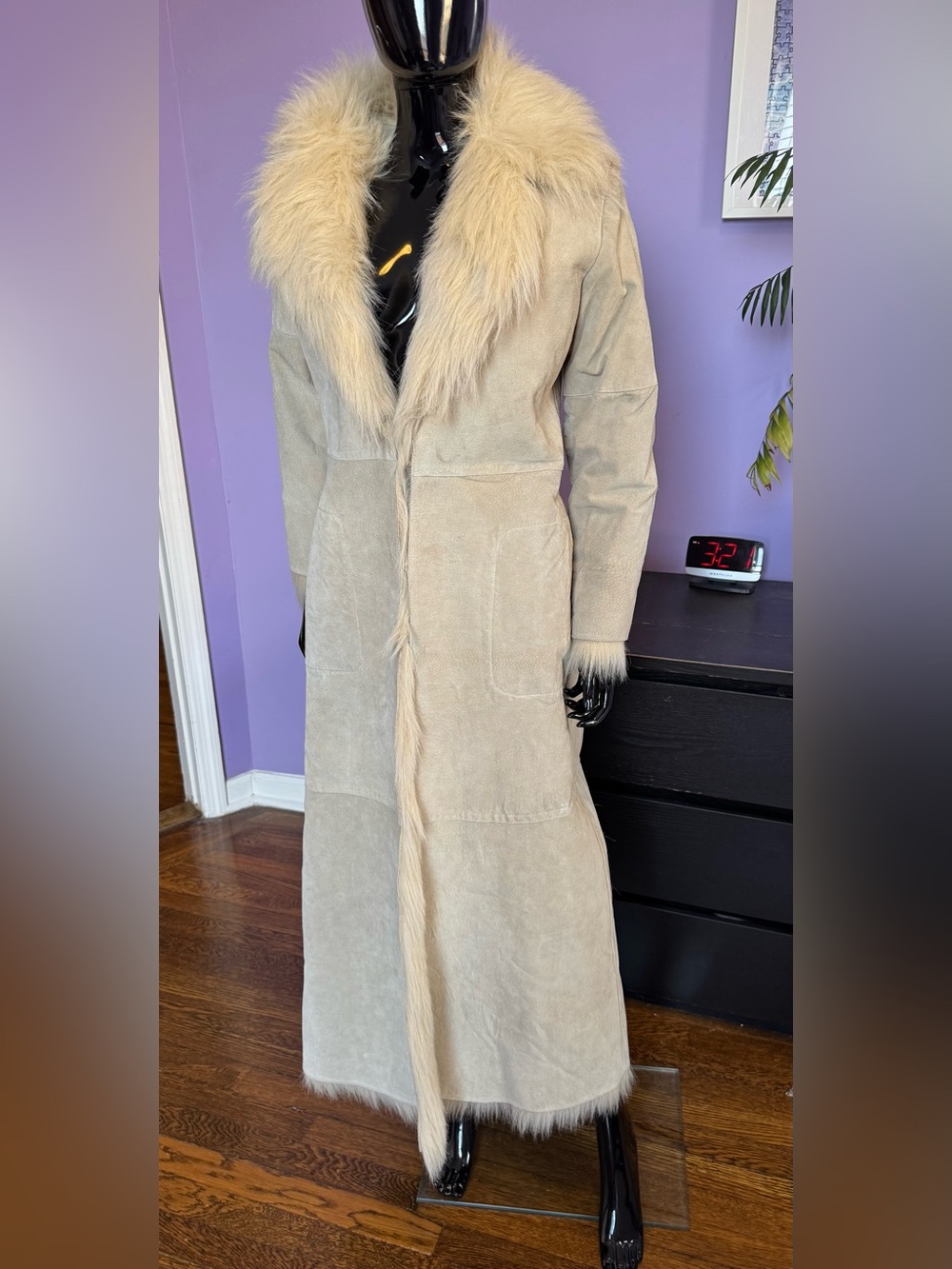 Ivory sheepskin shearling fur coat leather faux fur trim size small - Picture 3 of 16